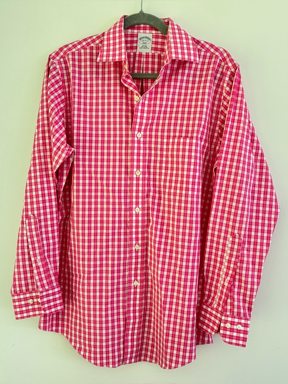 Brooks Brothers Mens Pink Gingham Slim Fit Button-Down Shirt 15 2/3
